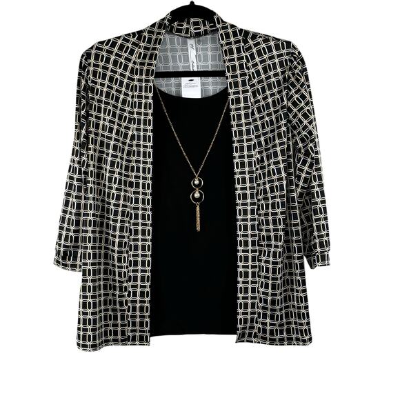 NY Collection 3/4 Sleeve Blouse Jacket Combo x Necklace Black Petite Small NWT - Picture 2 of 16